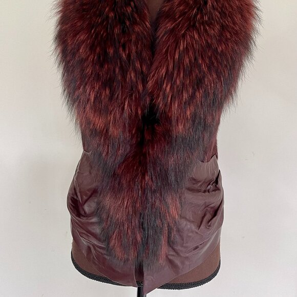 NWOT Burgundy Brown Leather Vest Real Fox Fur S size - Picture 10 of 16